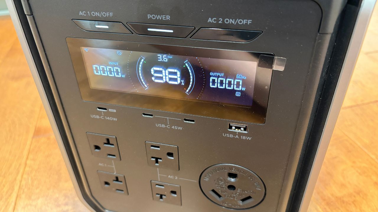 Close-up of EcoFlow DELTA 3 Ultra Plus front panel showing AC outlets, USB-C, and USB-A ports