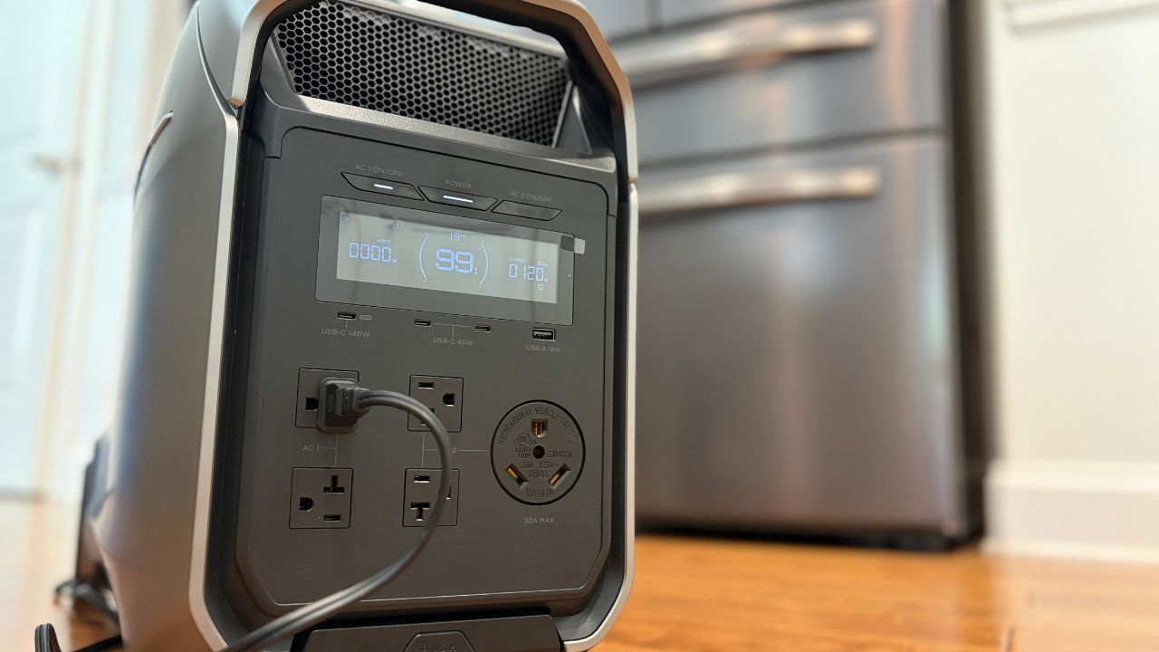 EcoFlow DELTA 3 Ultra Plus portable power station powering an indoor refrigerator