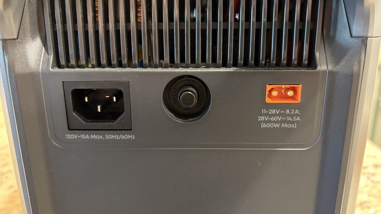 Anker SOLIX C1000 Gen2 Review Rear panel of the Anker SOLIX C1000 Gen2 showing the AC input, reset switch, and solar XT60i input rated 600W max