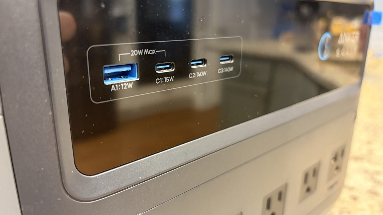 Anker SOLIX C1000 Gen2 Review Close-up of the Anker SOLIX C1000 Gen2 USB panel: one USB-A port rated 12W, and three USB-C ports rated 15W, 140W, and 140W